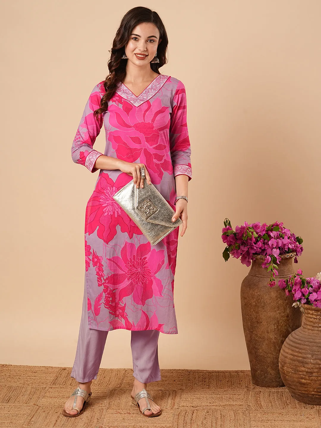 Abstract Floral Printed & Embroidered Straight Fit Kurta - Lavender