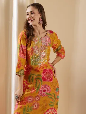 Abstract Floral Printed & Embroidered Straight Fit Kurta - Yellow