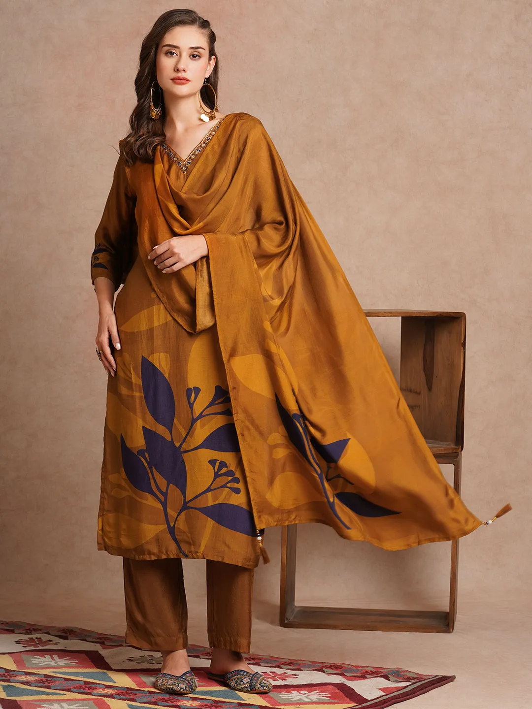 Abstract Floral Printed & Hand Embroidered Straight Fit Kurta with Pant and Dupatta - Brown