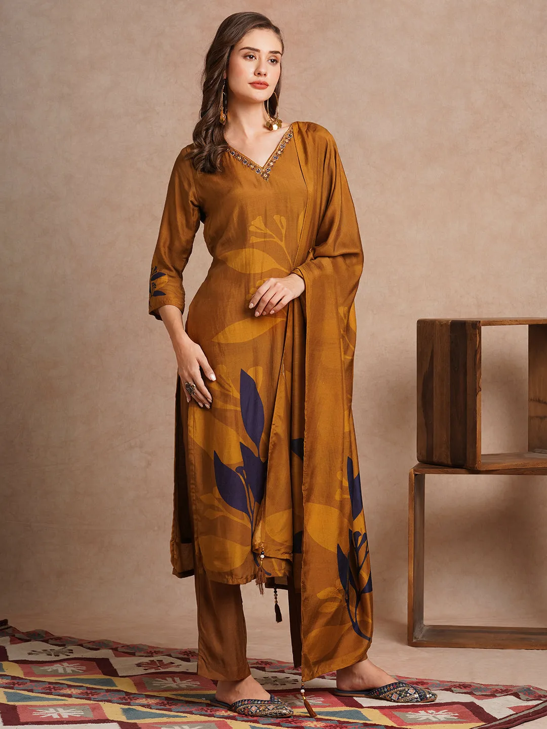 Abstract Floral Printed & Hand Embroidered Straight Fit Kurta with Pant and Dupatta - Brown