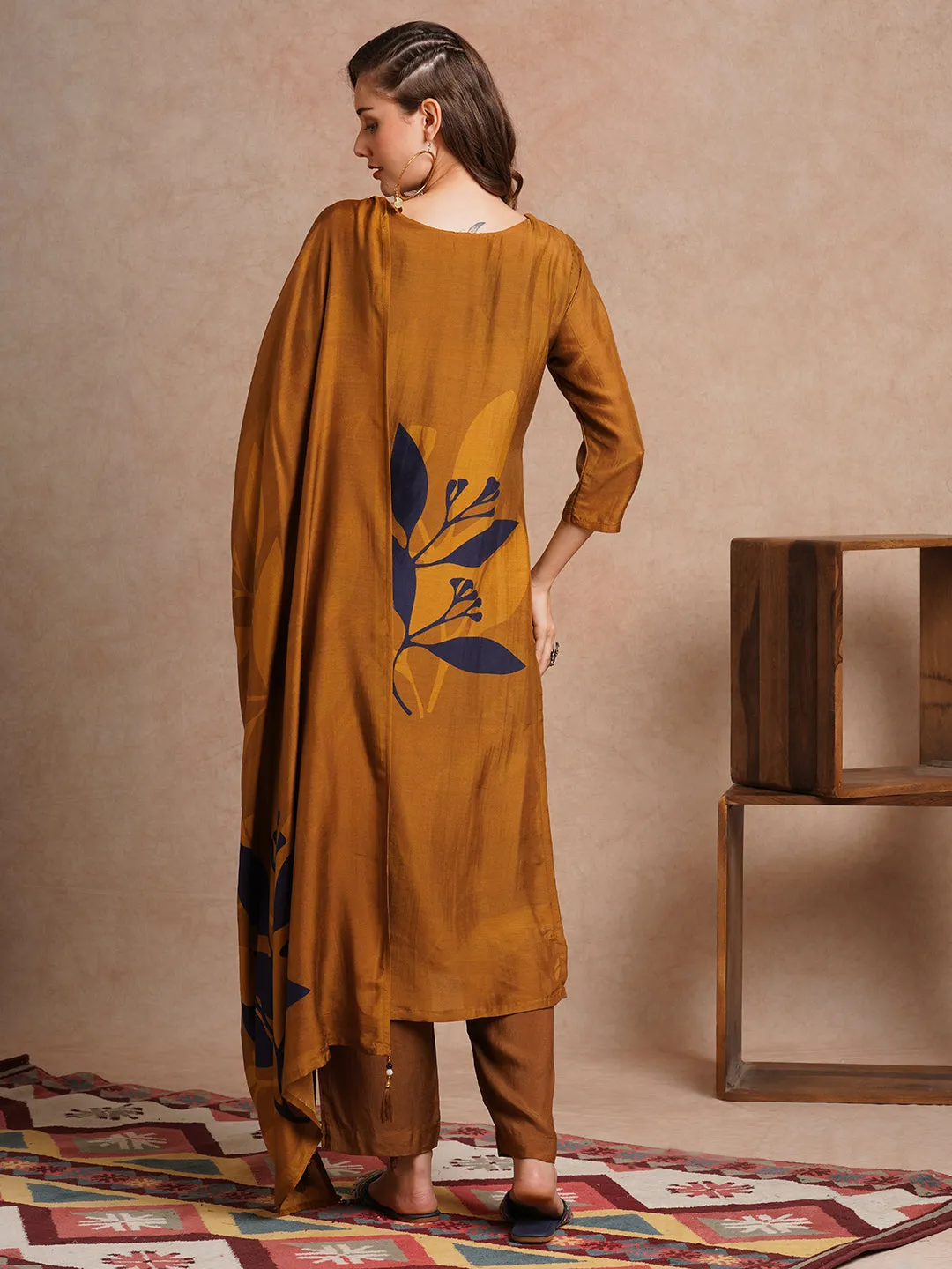 Abstract Floral Printed & Hand Embroidered Straight Fit Kurta with Pant and Dupatta - Brown