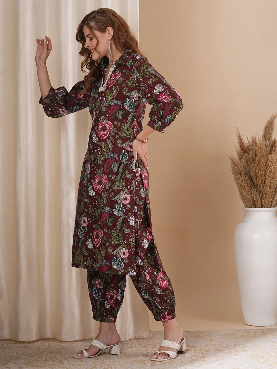 Abstract Floral Printed Straight Fit Co-ord Set - Maroon