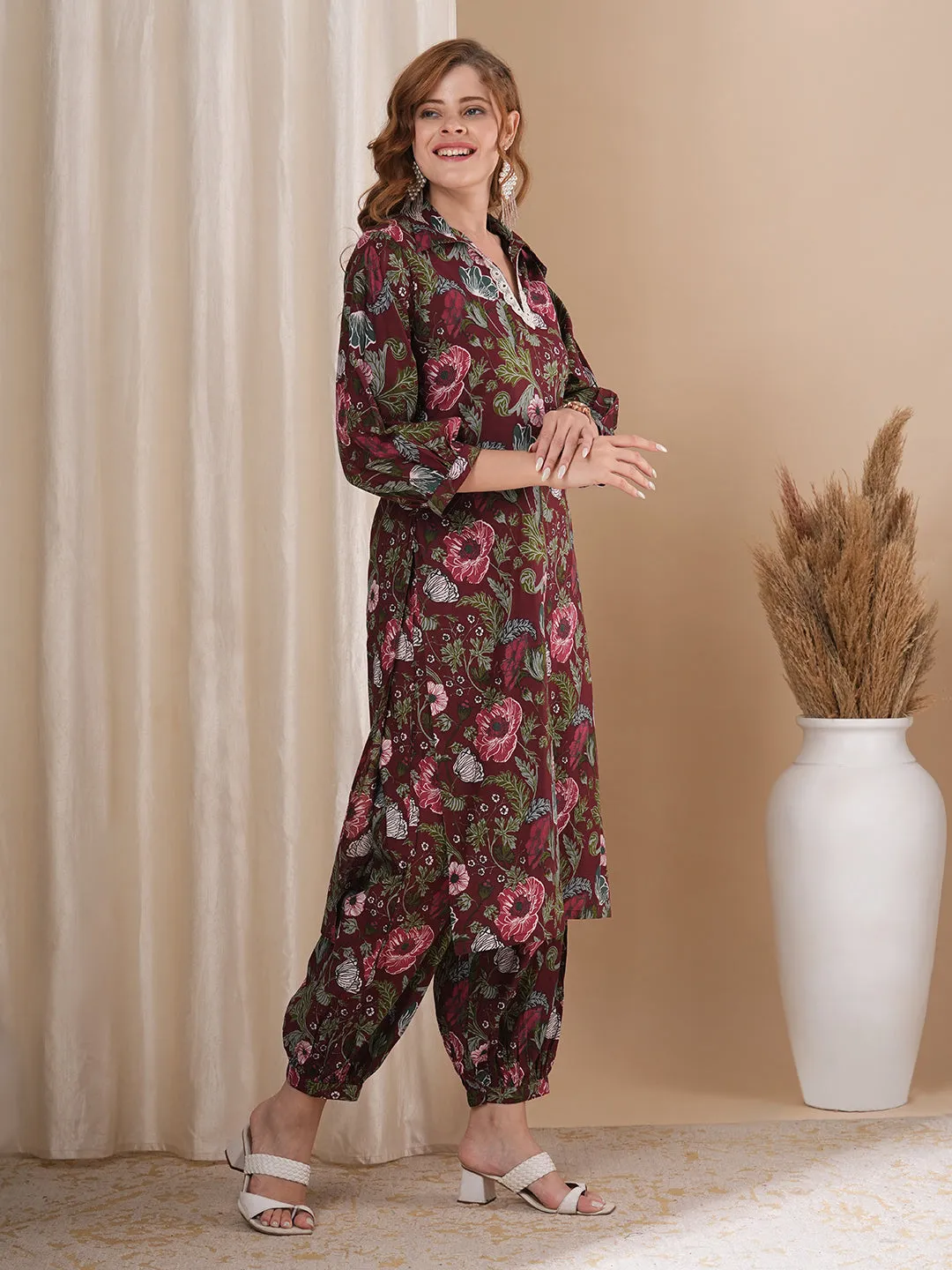 Abstract Floral Printed Straight Fit Co-ord Set - Maroon