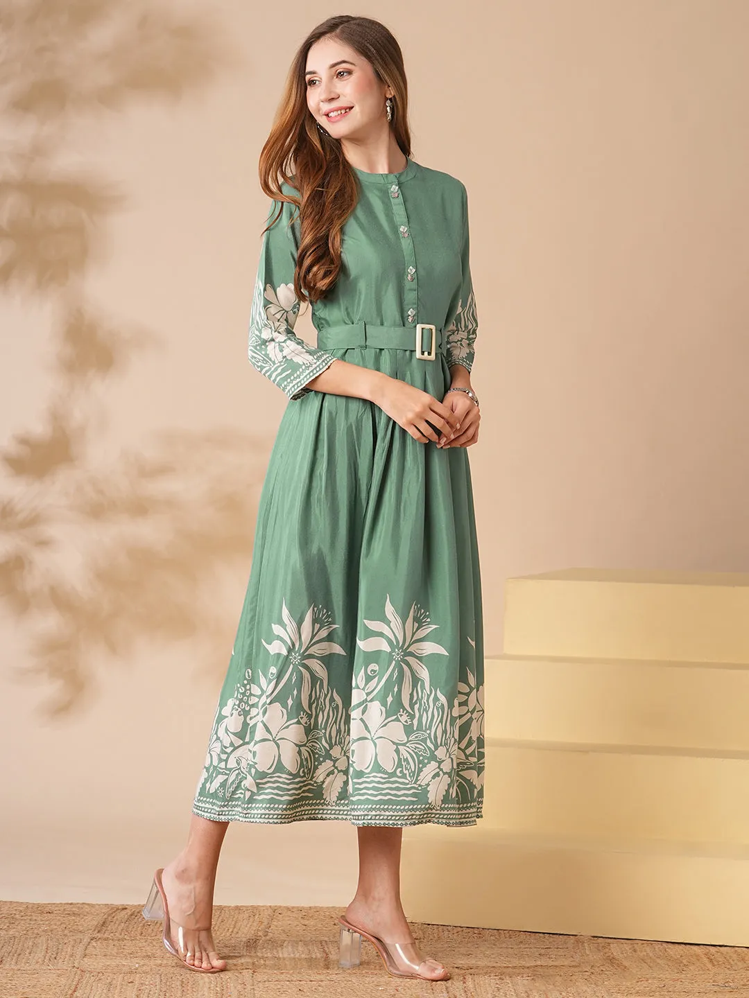 Abstract Tropical Printed A-Line Midi Dress with Belt - Green