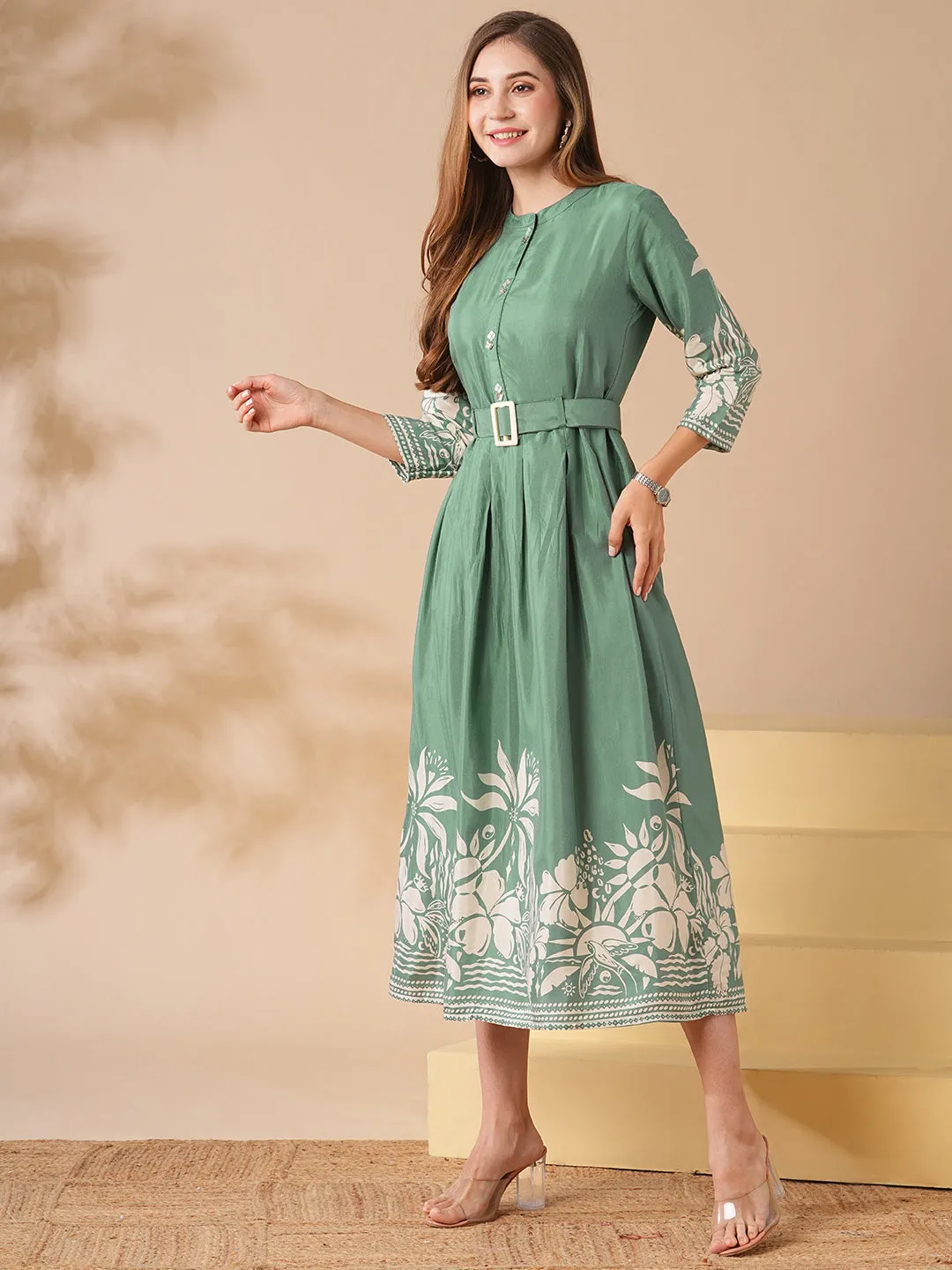 Abstract Tropical Printed A-Line Midi Dress with Belt - Green