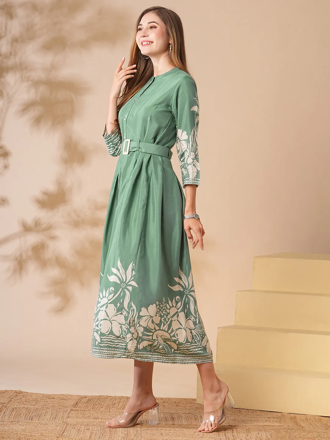 Abstract Tropical Printed A-Line Midi Dress with Belt - Green