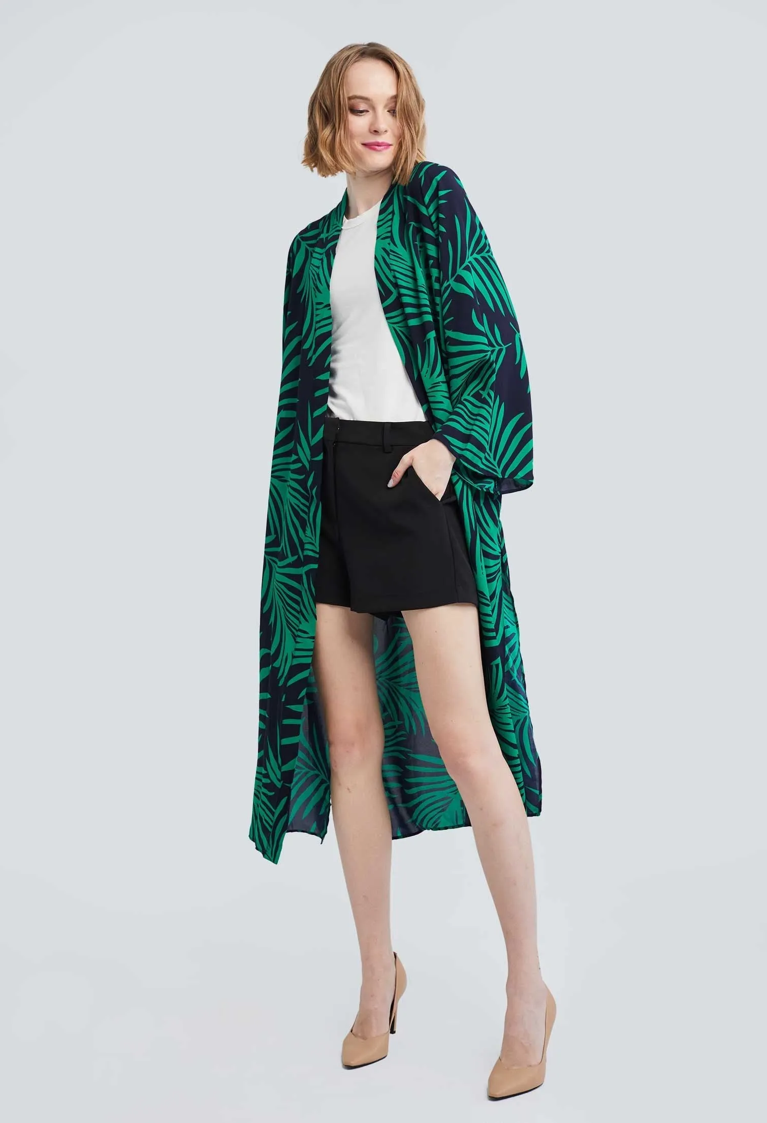 Allover Contrast Palm Leaf Kimono