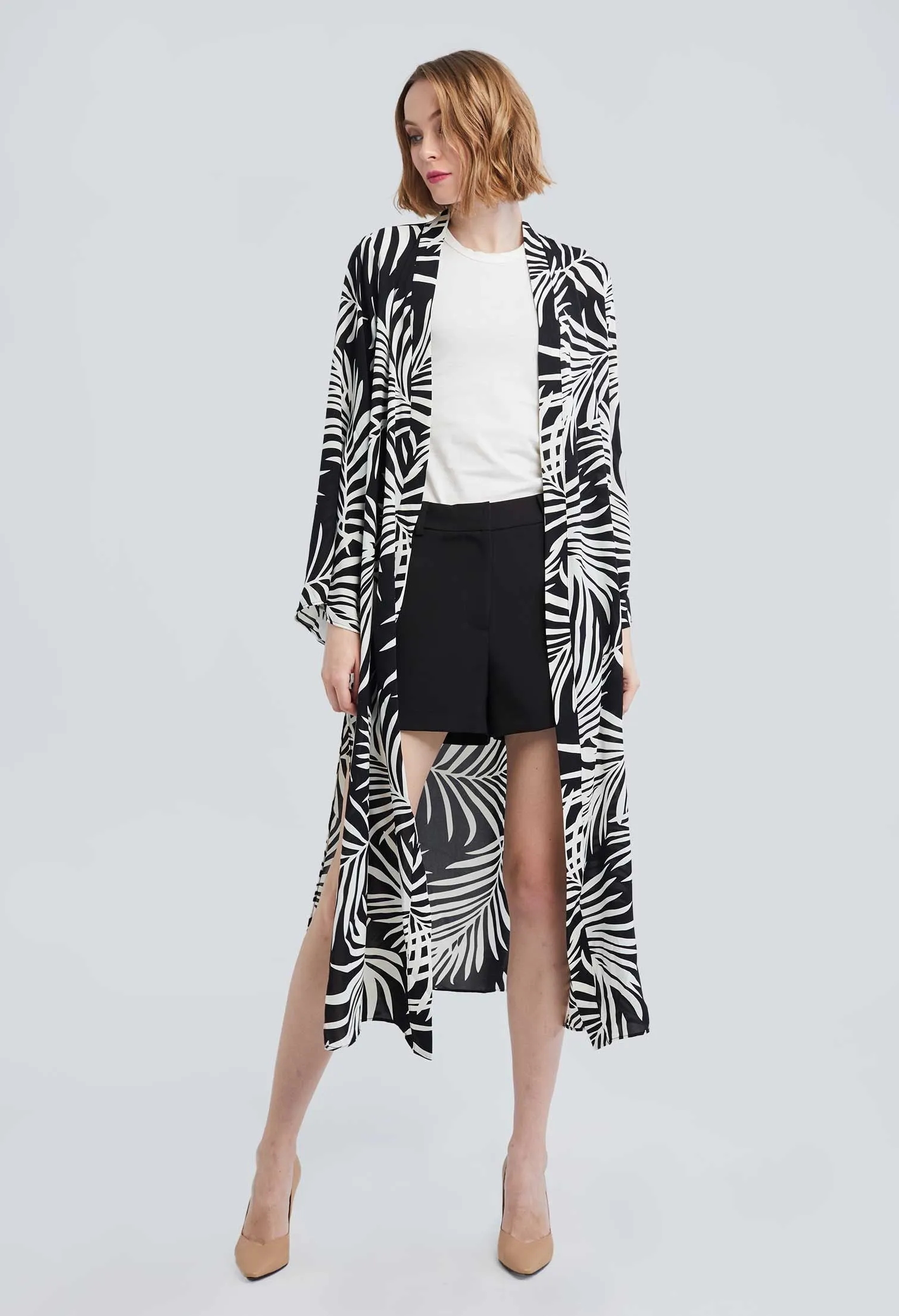 Allover Contrast Palm Leaf Kimono