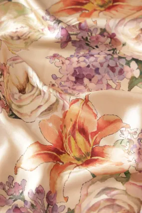 Beautiful Multi Color Floral Pattern Digital Print On Cream Satin Fabric