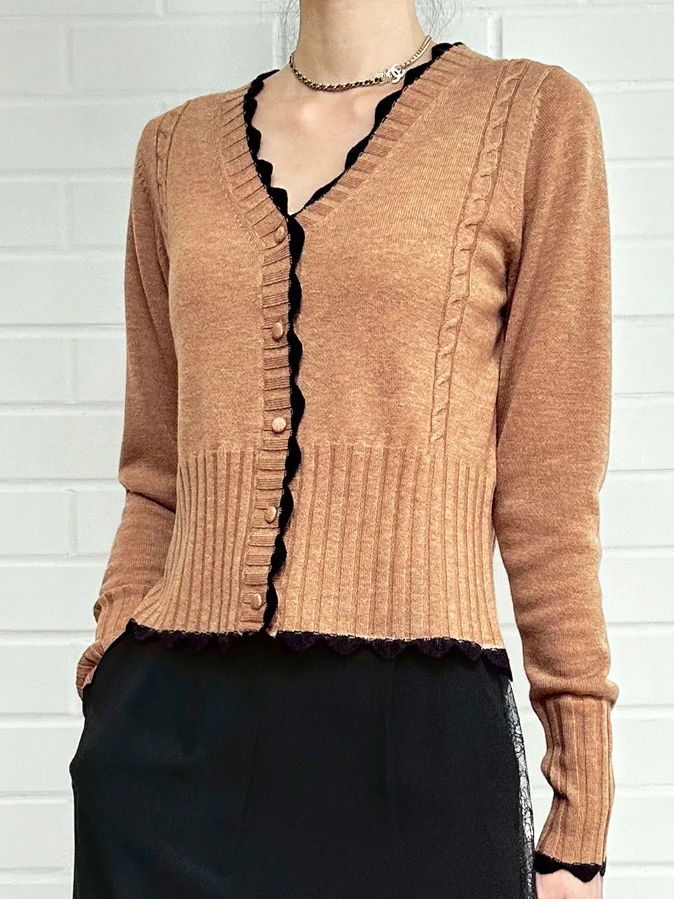 Beige Contrast Scallop Trim Cashmere & Wool Cropped Cardigan