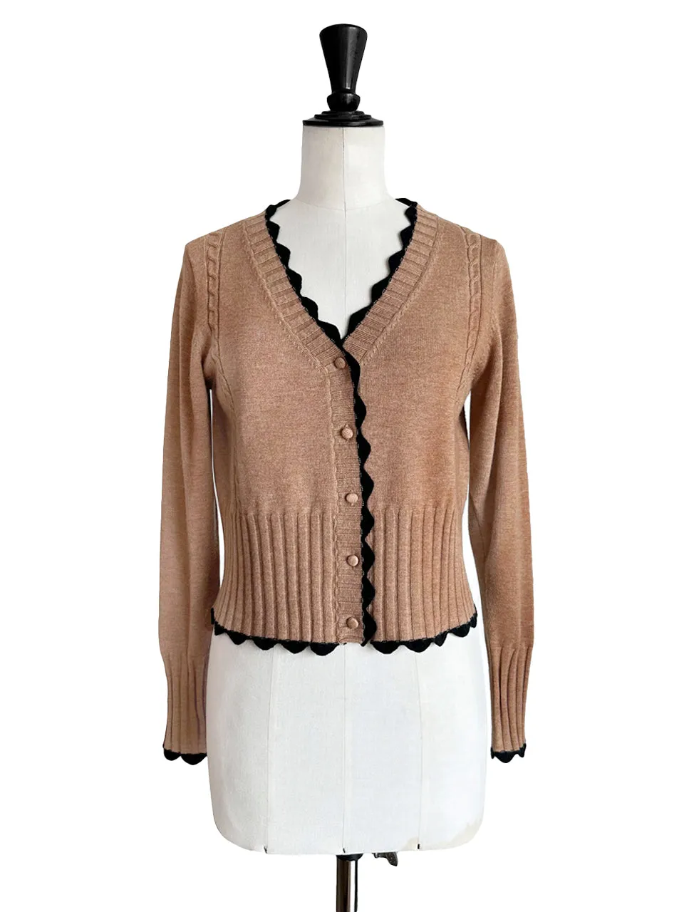 Beige Contrast Scallop Trim Cashmere & Wool Cropped Cardigan