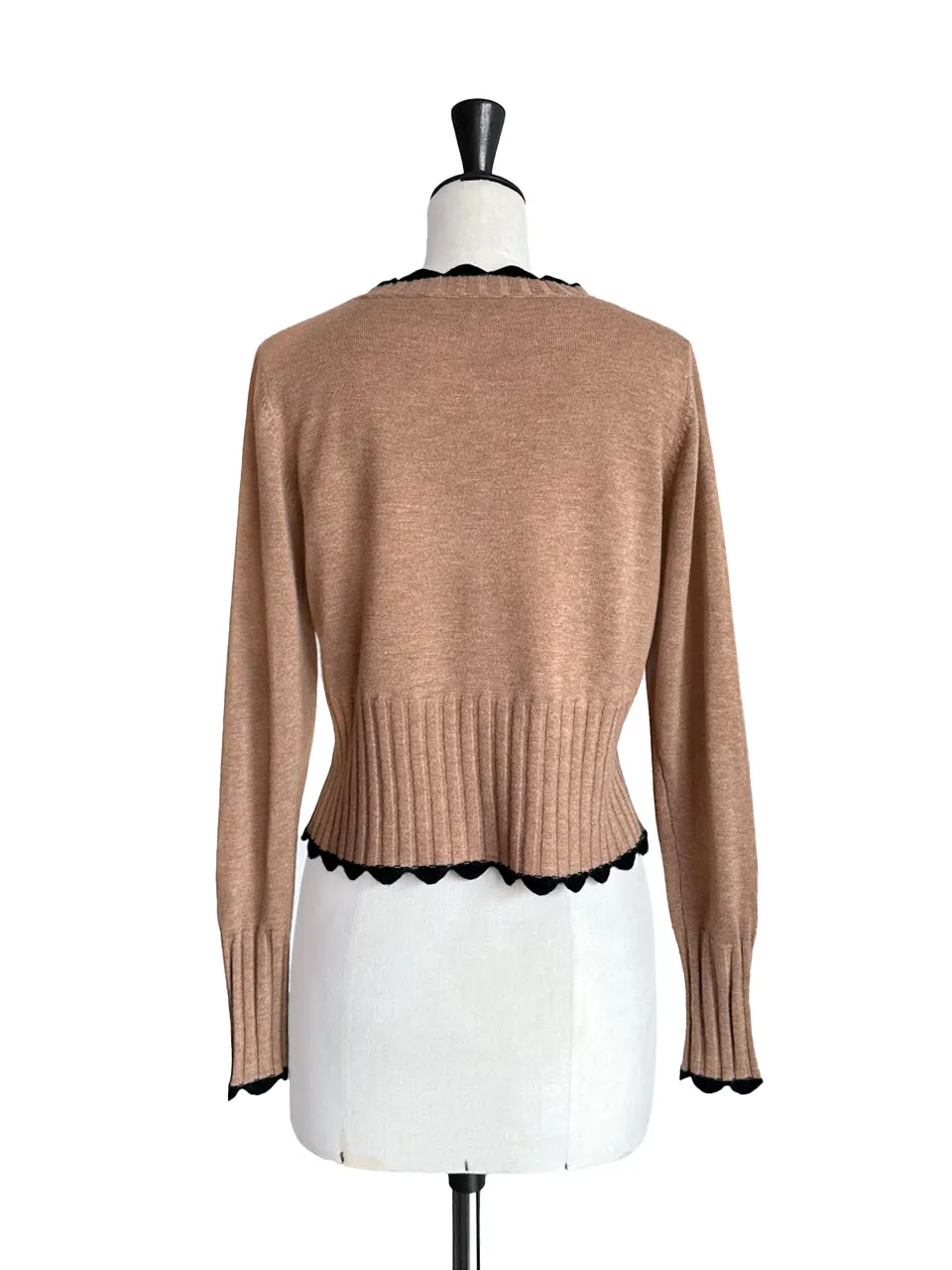 Beige Contrast Scallop Trim Cashmere & Wool Cropped Cardigan