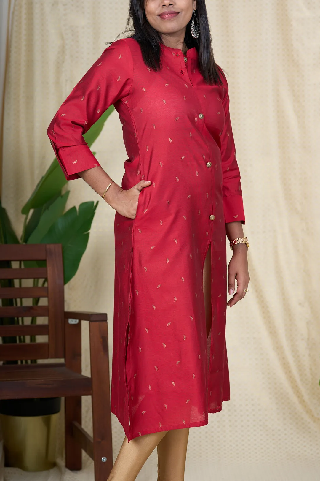 Best Kurta for Women - Red Viscose Silk Kurta with Chinese Collar