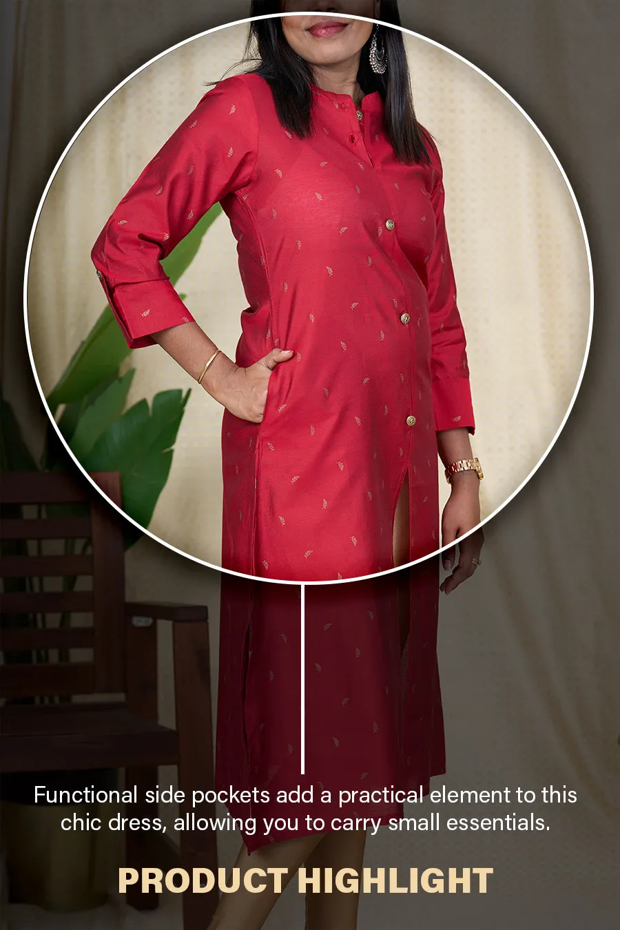 Best Kurta for Women - Red Viscose Silk Kurta with Chinese Collar