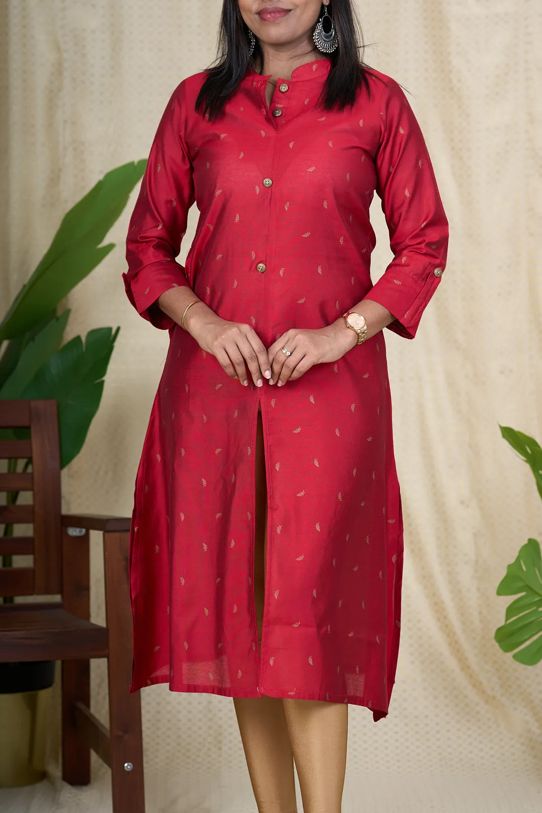 Best Kurta for Women - Red Viscose Silk Kurta with Chinese Collar