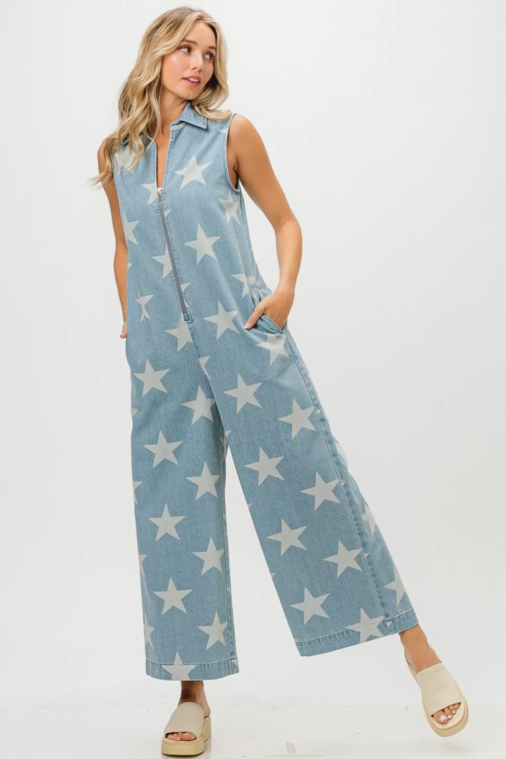 BiBi Star Print Half Zip Sleeveless Denim Jumpsuit