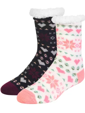 Black & Pink Snowflake Thermal 2-Pack Thick Non-Skid Slipper Socks