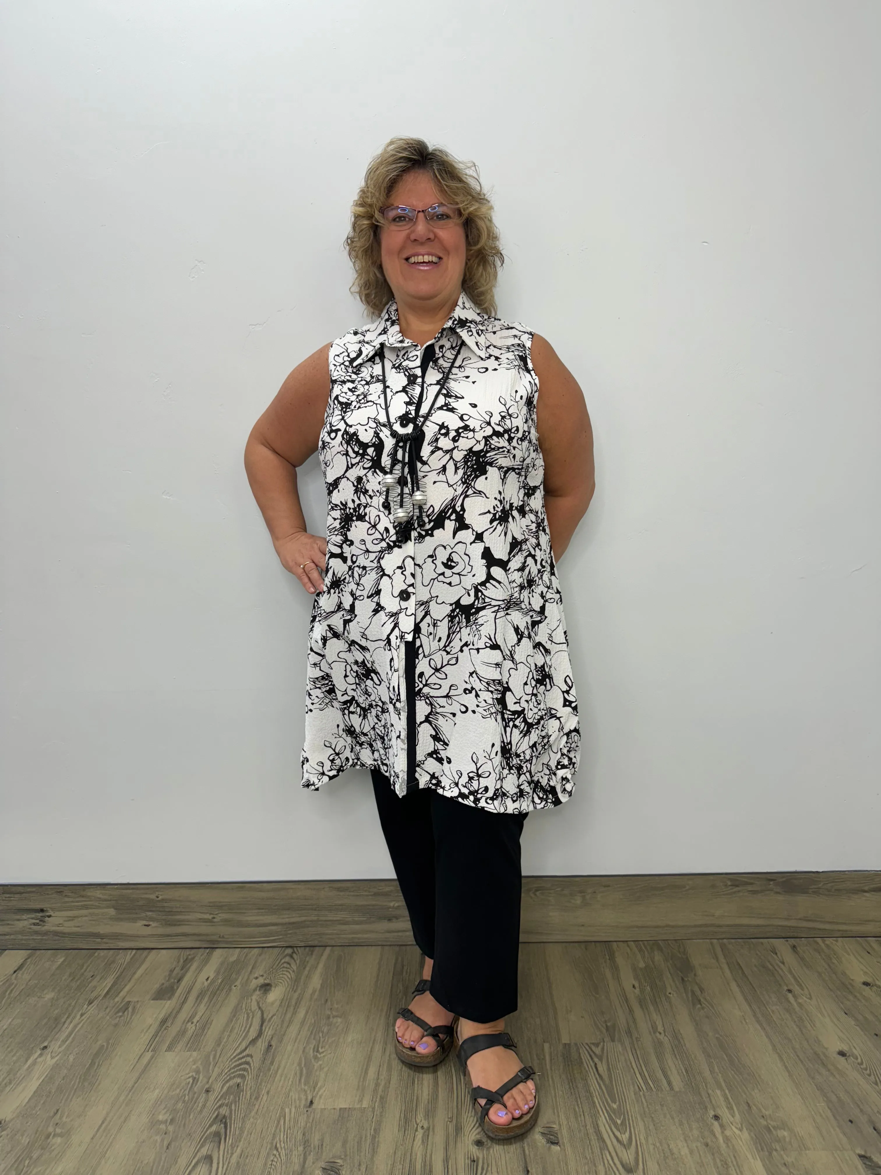 Black and White Pattern Button Down Tunic Dress