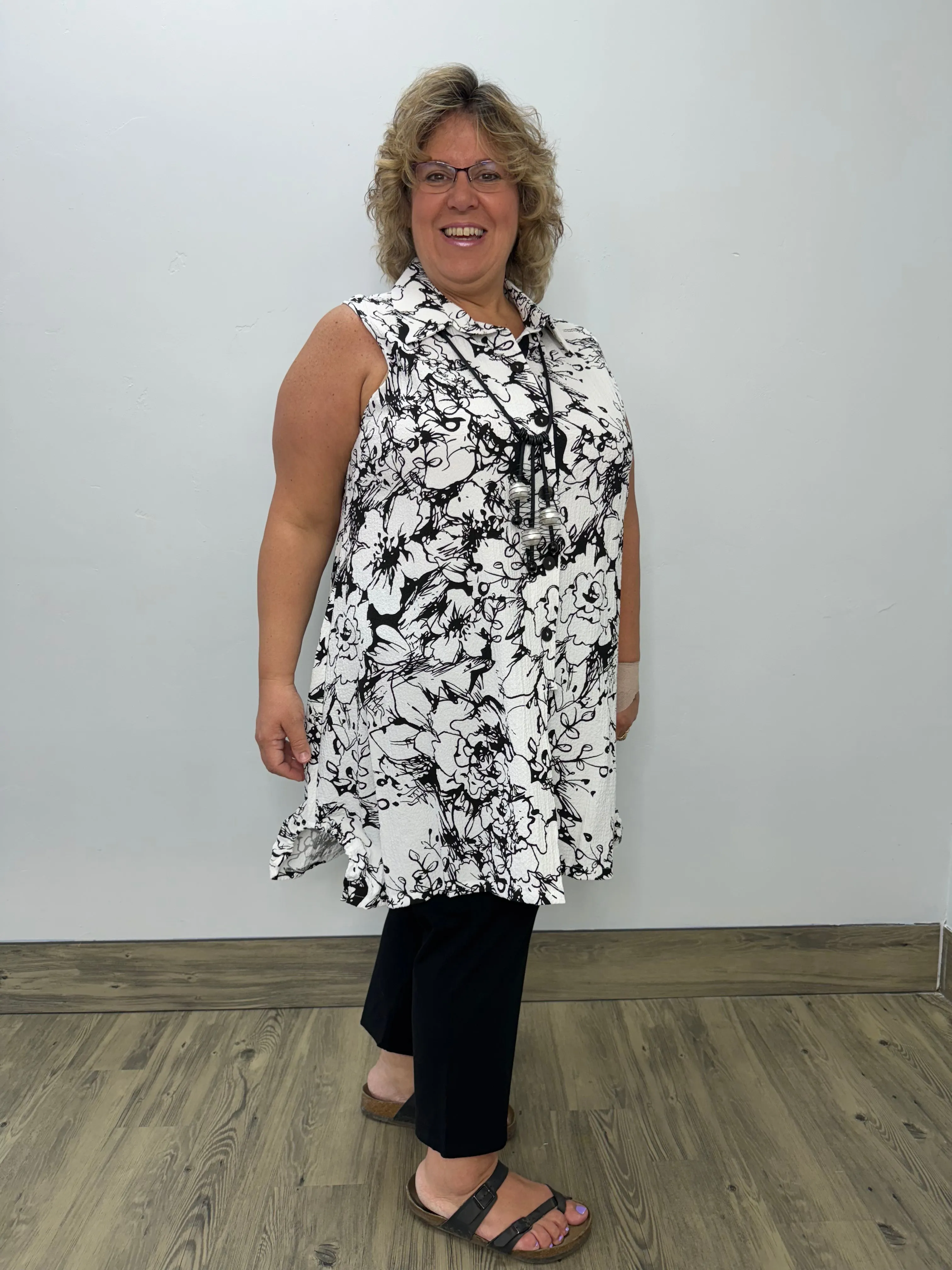 Black and White Pattern Button Down Tunic Dress