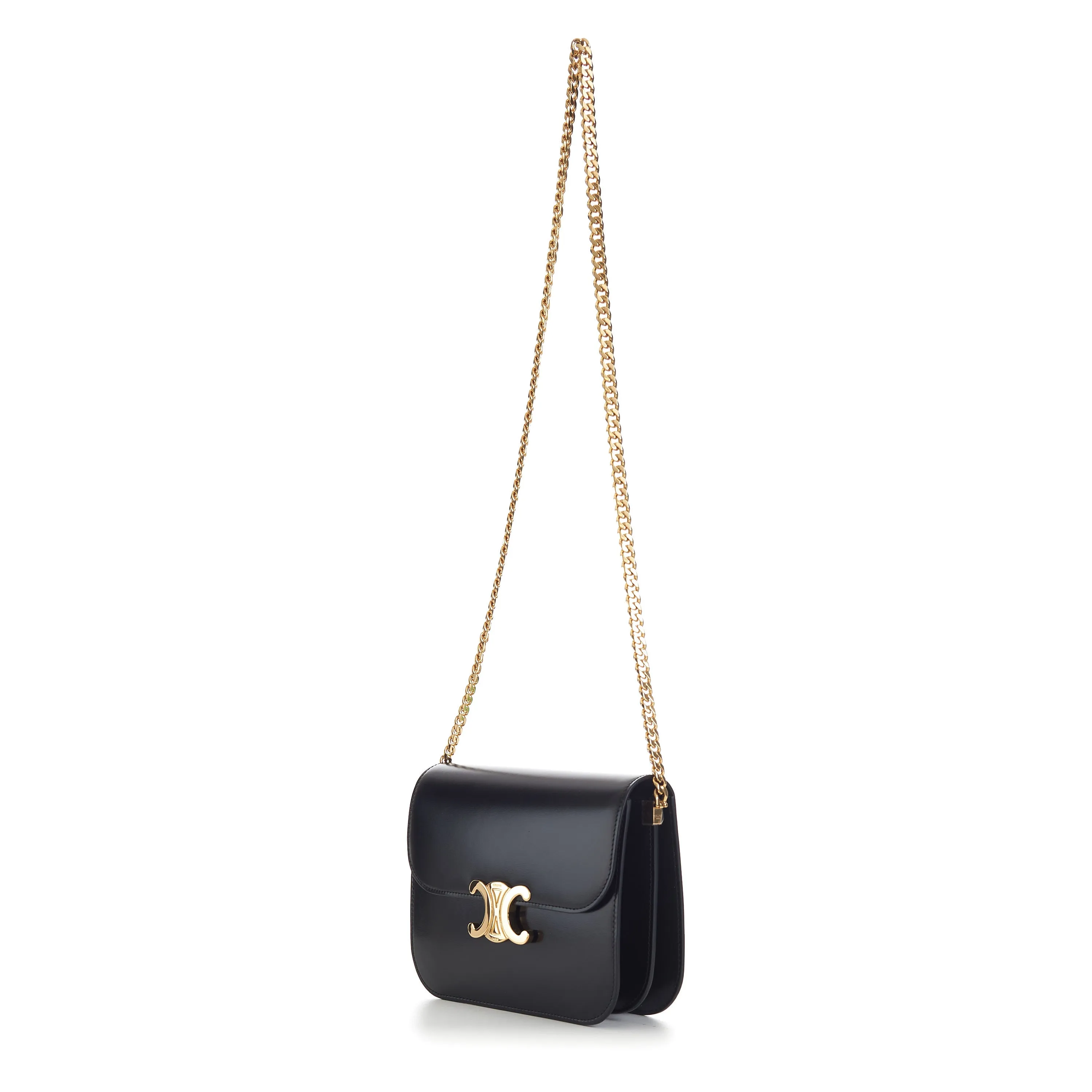 Black College Triomphe Bag - Shiny Calfskin, Chain Strap