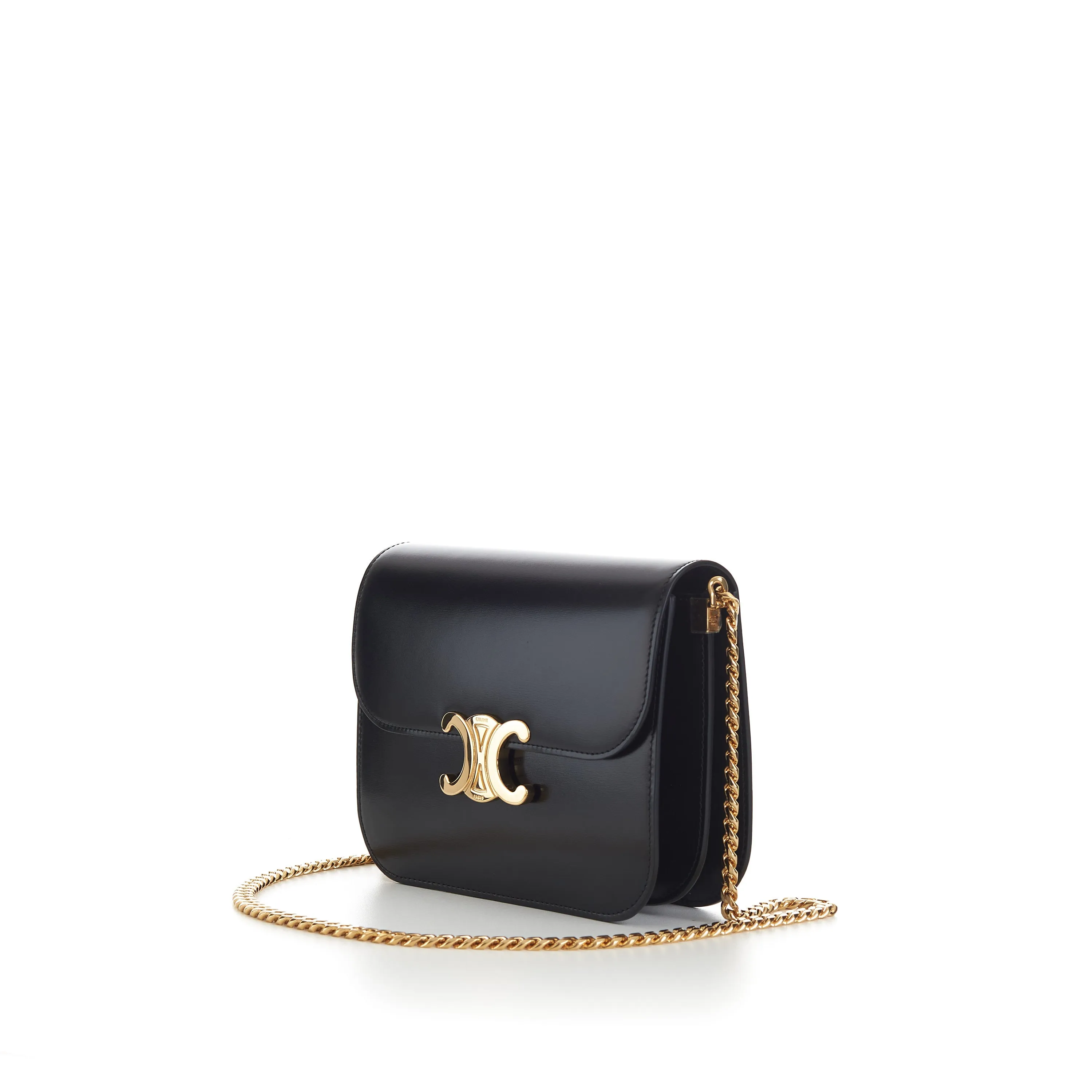 Black College Triomphe Bag - Shiny Calfskin, Chain Strap