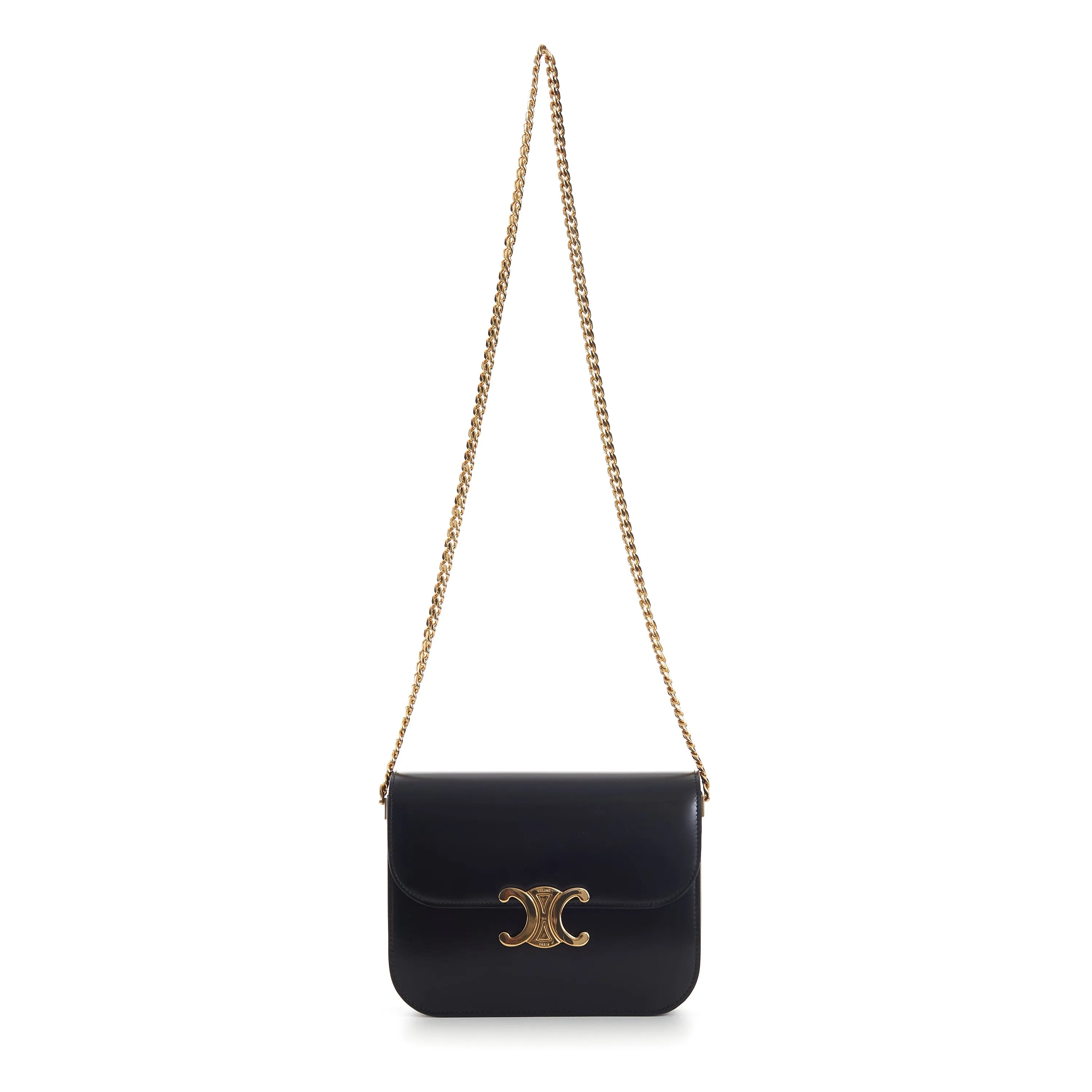 Black College Triomphe Bag - Shiny Calfskin, Chain Strap