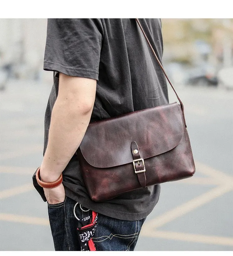 Black Leather Mens Casual Small Postman Bag Courier Bags Coffee Messenger Bag For Men