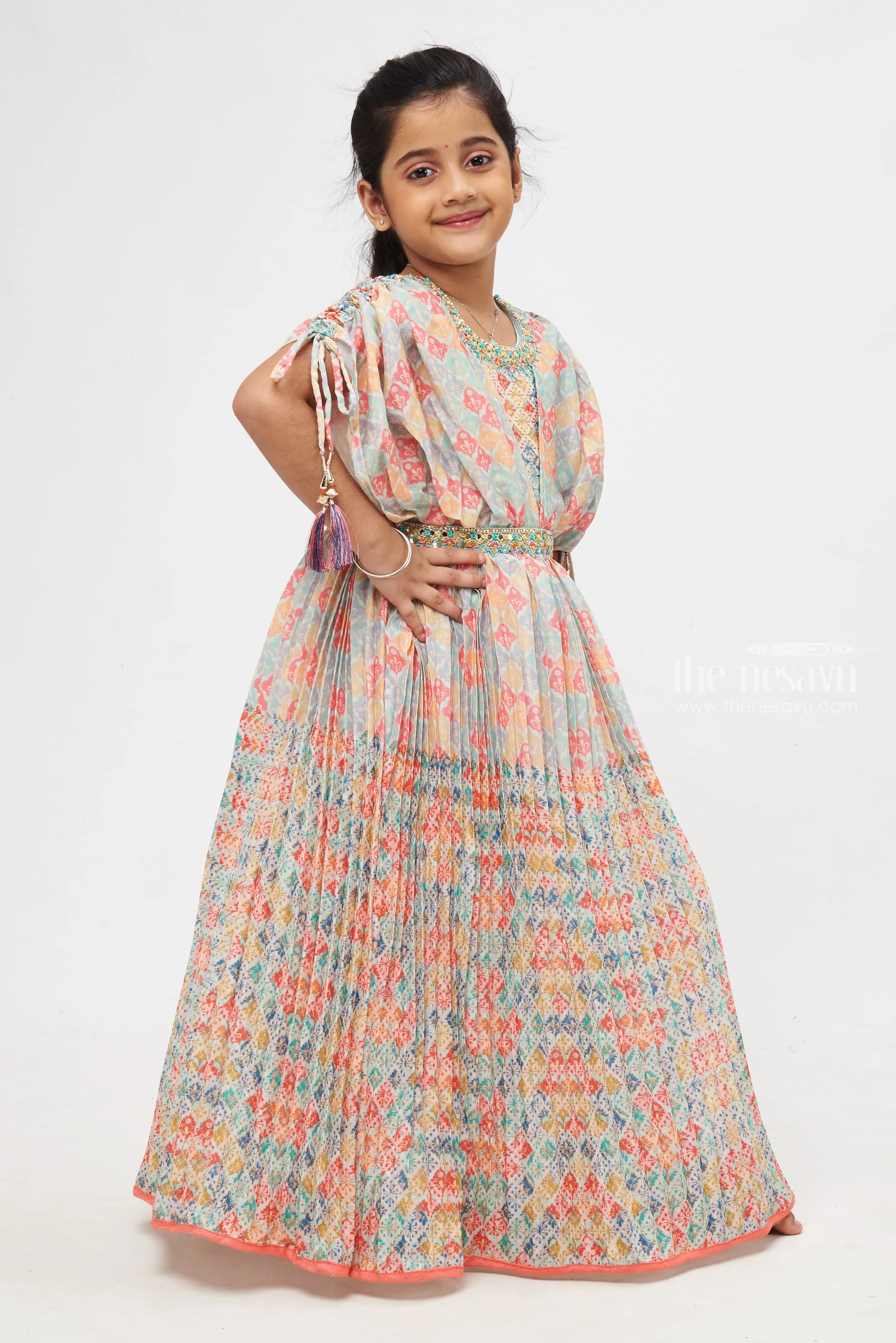 Bohemian Bliss: Multicolored Geometric Mosaic Anarkali with Bejeweled Neckline and Tassel Accents