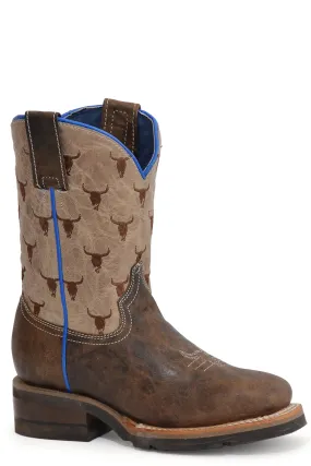 Boys Roper Vintage Brown Square Toe Boot w/ Steer Head Pattern