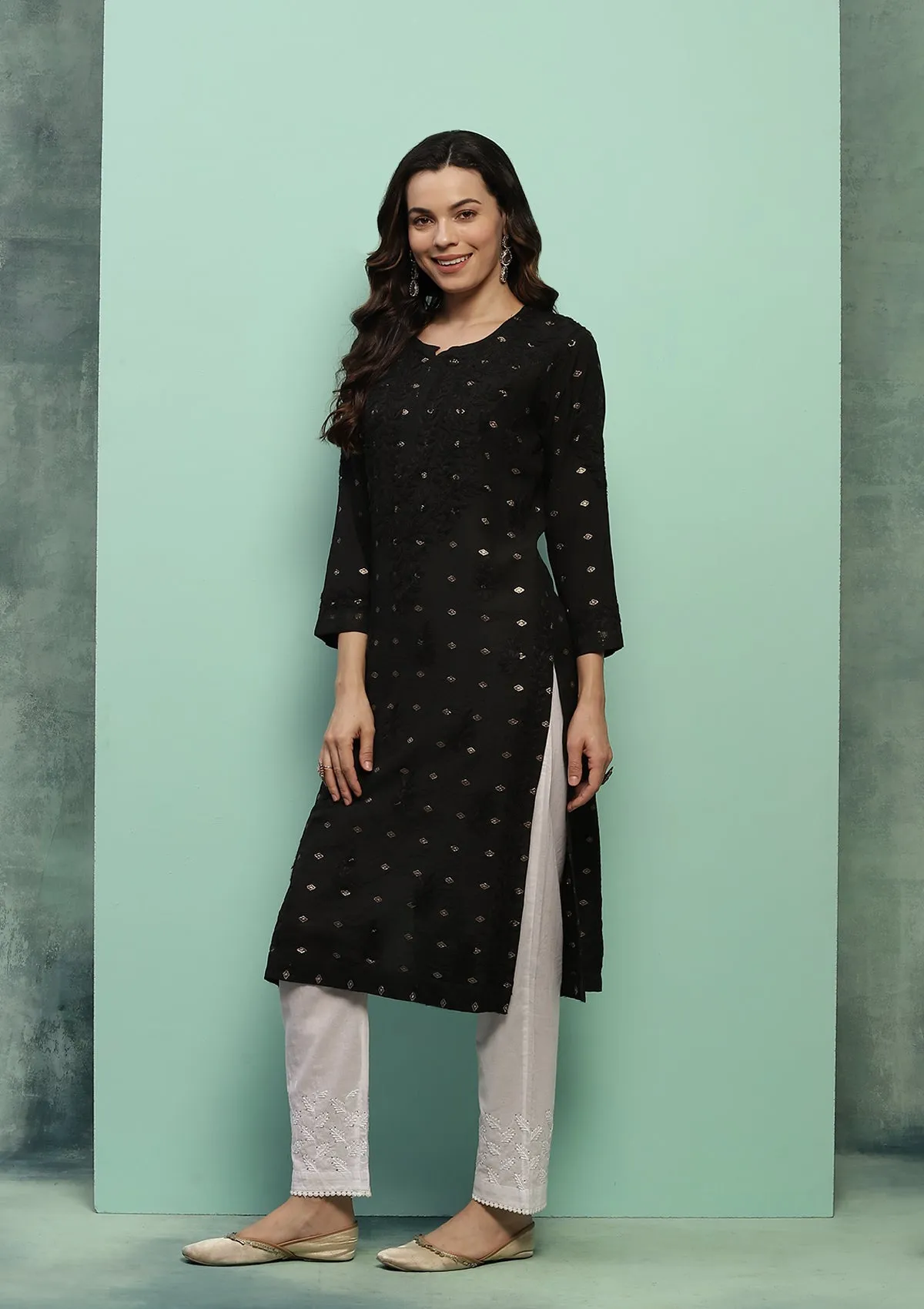 Chanderi Chikankari Solid Women's Long Kurta - Black