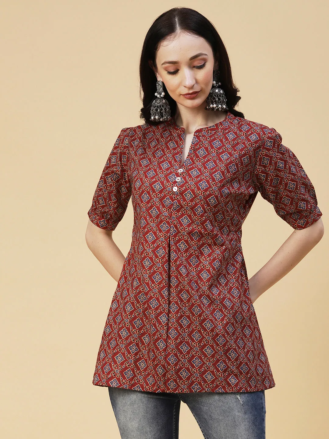 Ethnic Block Printed Mother-of-Pearl Buttoned Short Kurti - Rust