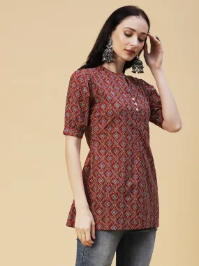 Ethnic Block Printed Mother-of-Pearl Buttoned Short Kurti - Rust