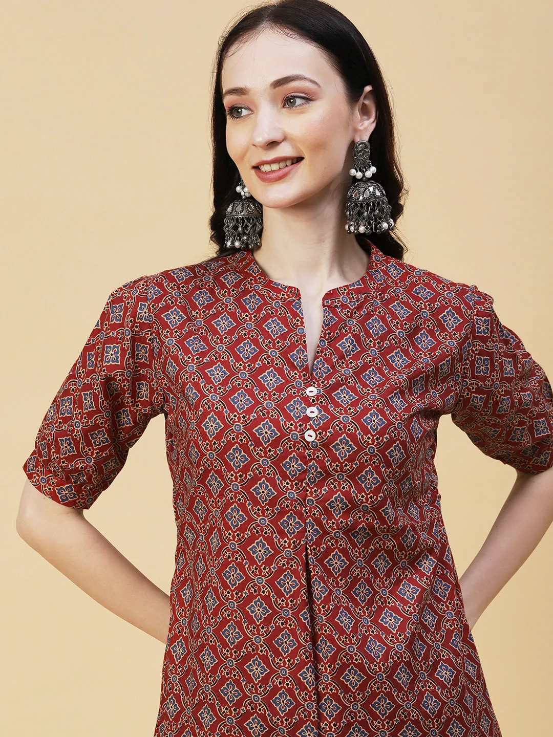 Ethnic Block Printed Mother-of-Pearl Buttoned Short Kurti - Rust