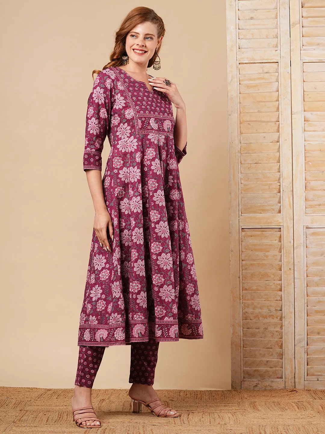 Ethnic Floral Printed & Embroidered Anarkali Kurta with Pant - Mauve