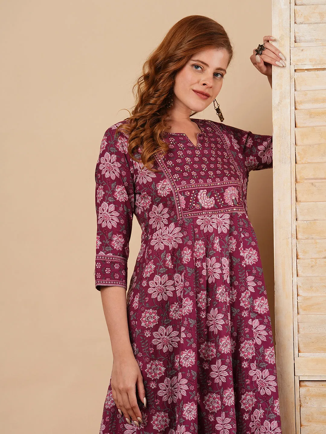 Ethnic Floral Printed & Embroidered Anarkali Kurta with Pant - Mauve