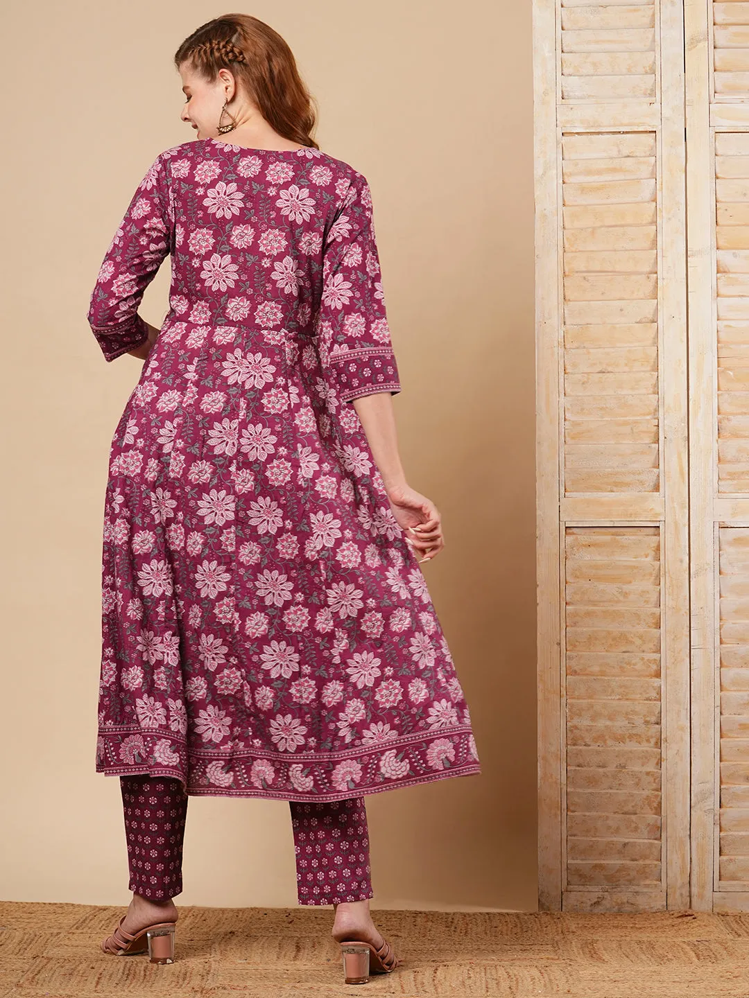 Ethnic Floral Printed & Embroidered Anarkali Kurta with Pant - Mauve