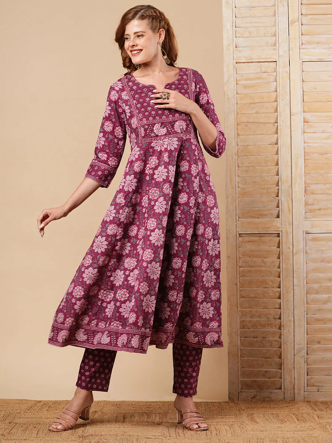 Ethnic Floral Printed & Embroidered Anarkali Kurta with Pant - Mauve