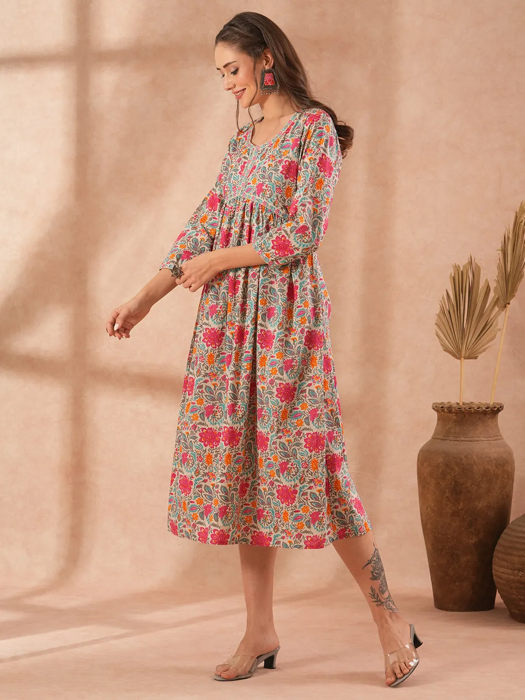 Ethnic Floral Printed Embroidered A-Line Pleated Midi Dress - Multi