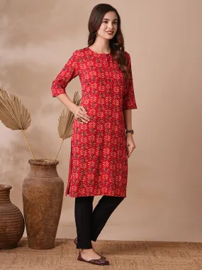 Ethnic Floral Printed Straight Fit Kurta - Red