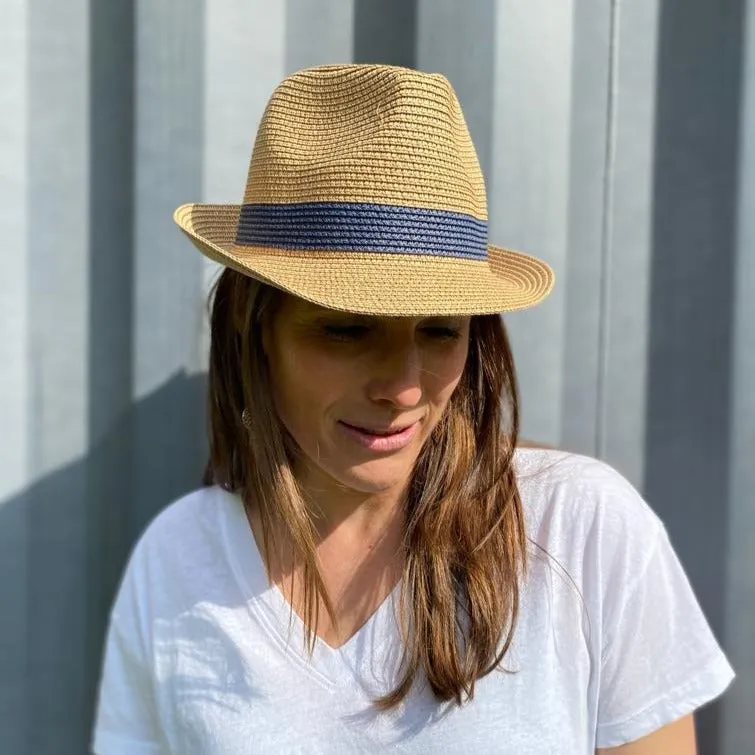 Folding Travel Trilby Sun Hat with a Blue Band