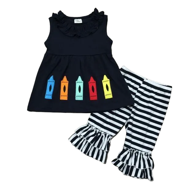 Girls Blue Crayon Tunic and Striped Ruffle Capris Back to School