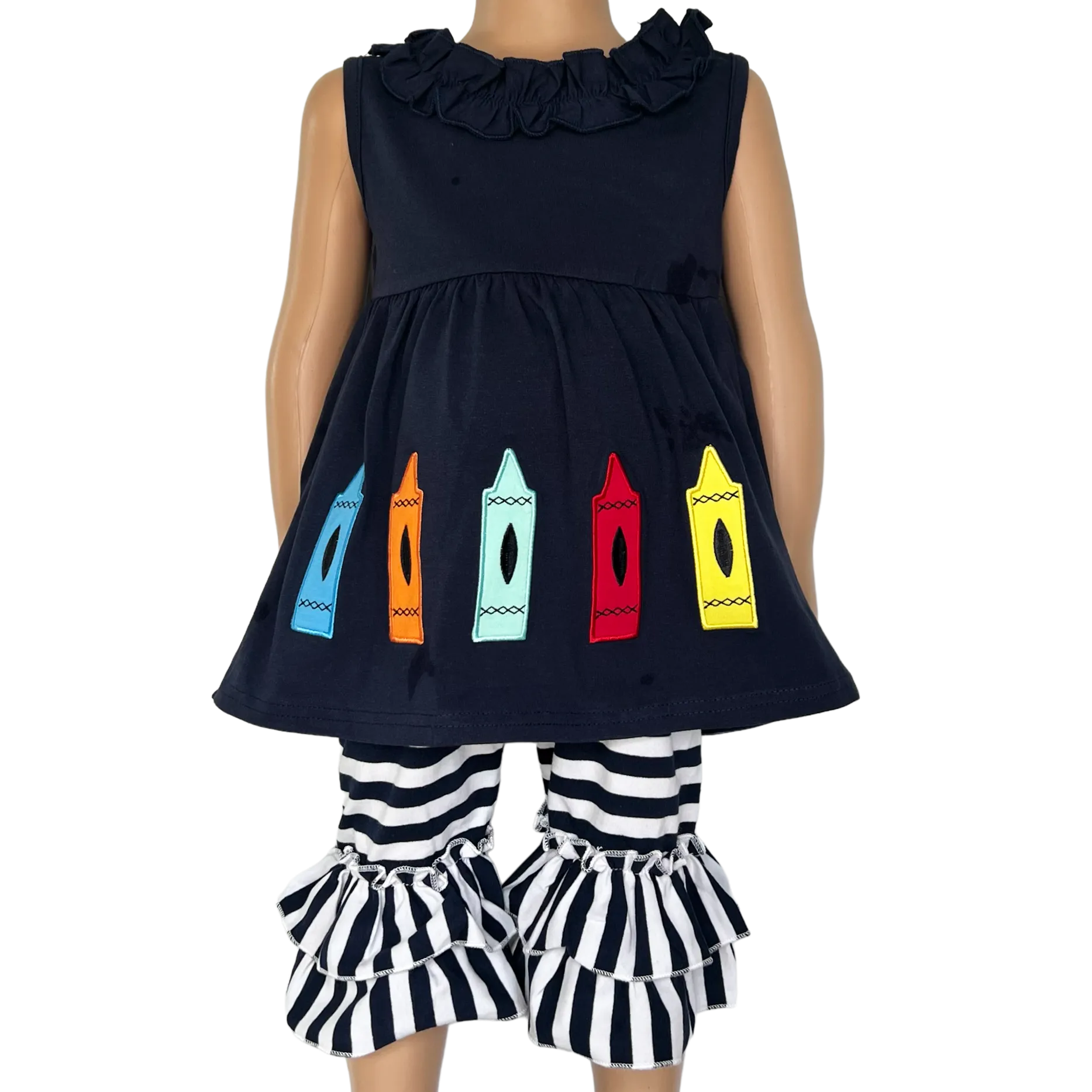 Girls Blue Crayon Tunic and Striped Ruffle Capris Back to School