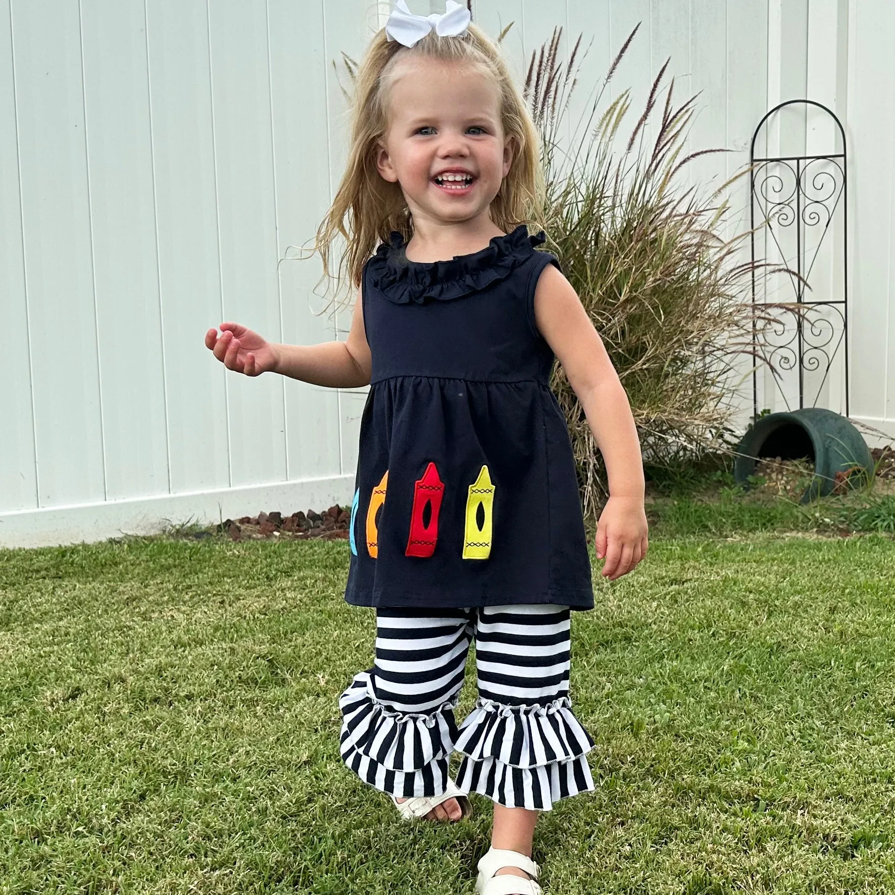 Girls Blue Crayon Tunic and Striped Ruffle Capris Back to School