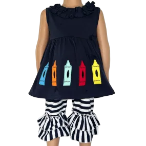 Girls Blue Crayon Tunic and Striped Ruffle Capris Back to School