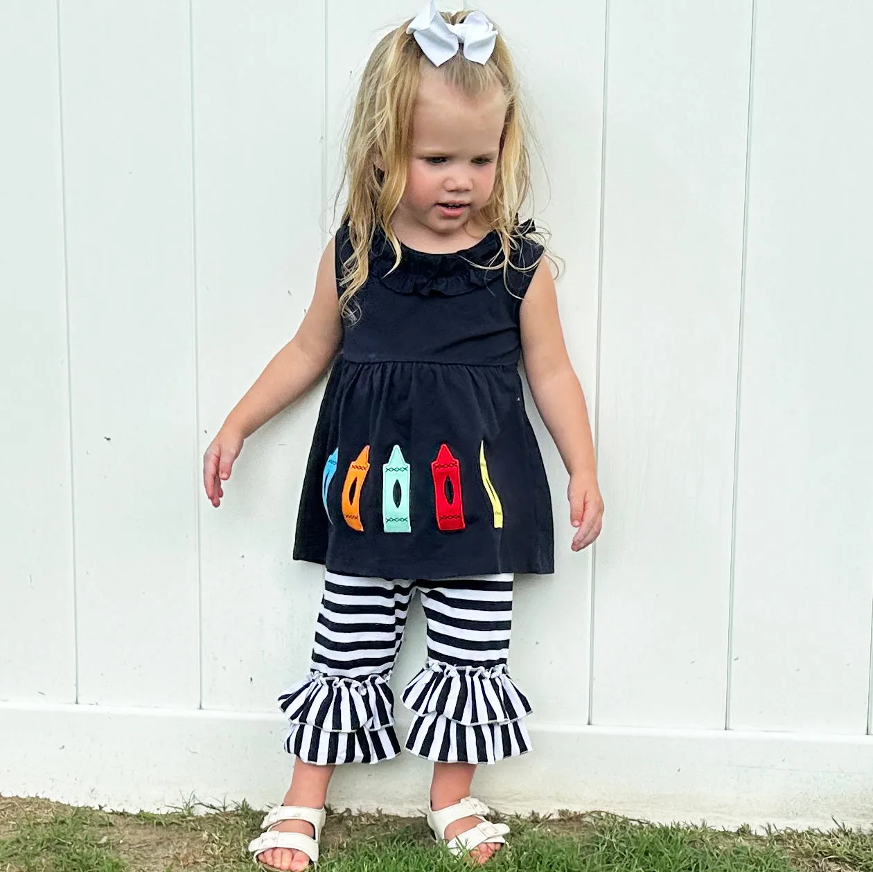 Girls Blue Crayon Tunic and Striped Ruffle Capris Back to School