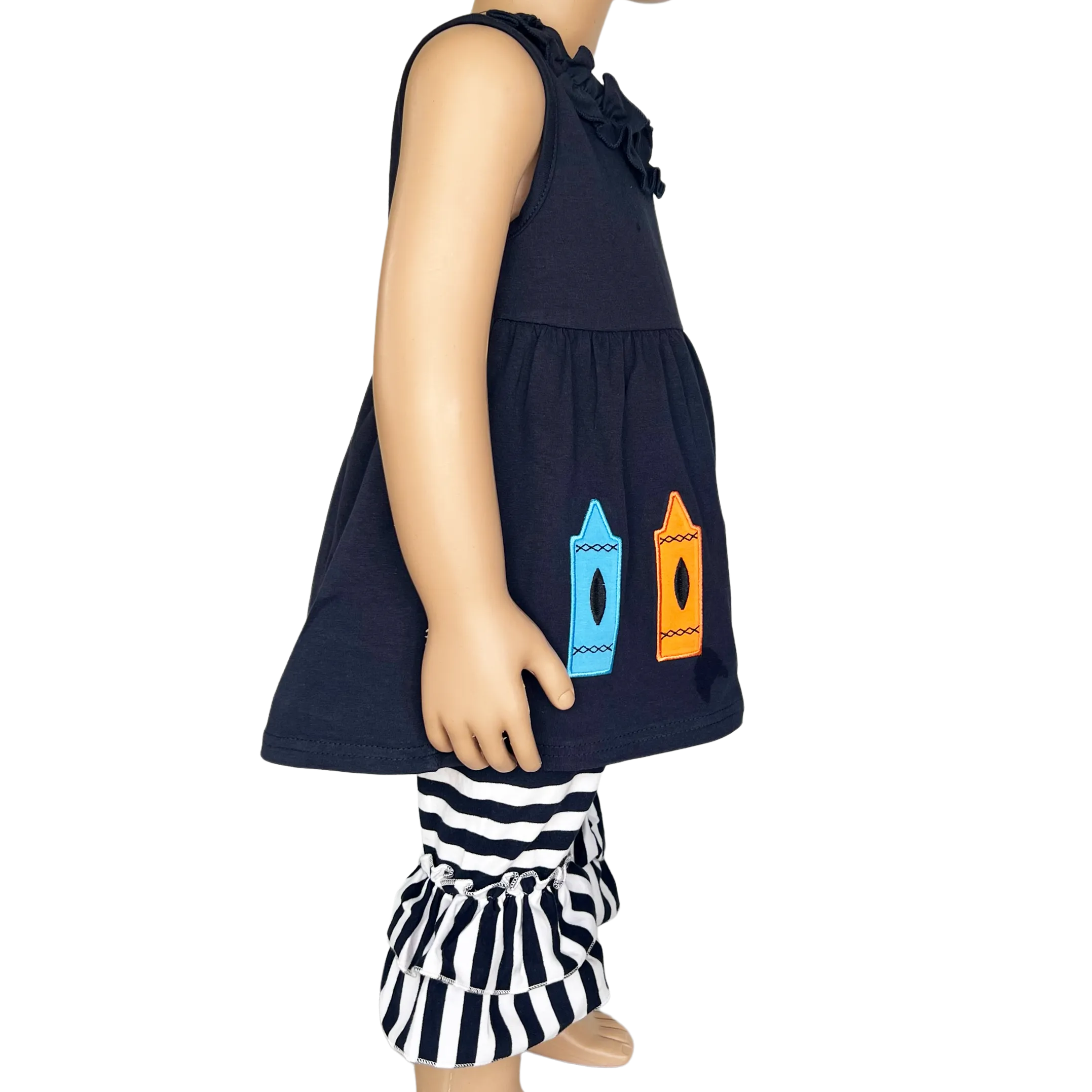 Girls Blue Crayon Tunic and Striped Ruffle Capris Back to School