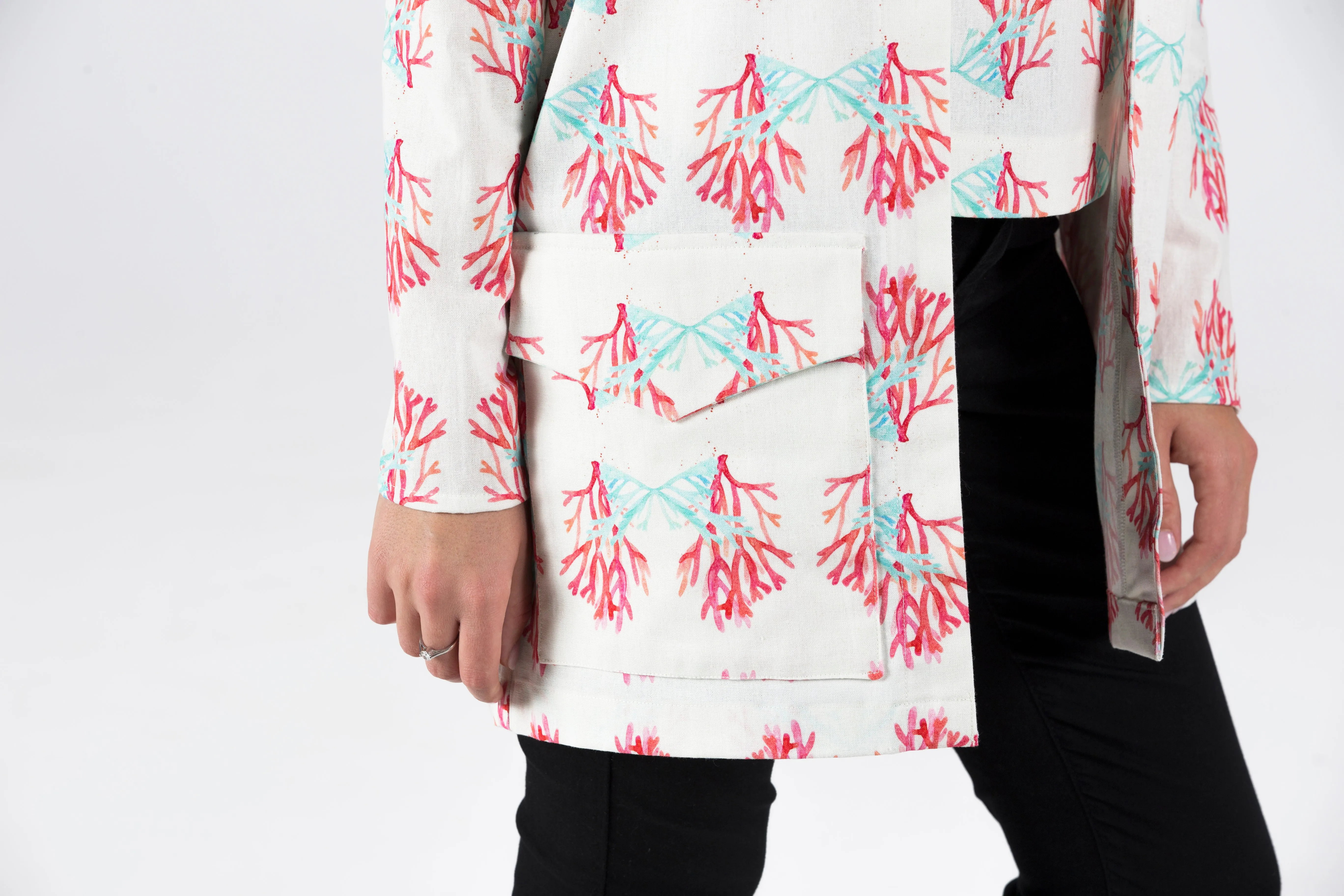 Hot Pink Coral Allover Print Coat with Oversized Pocket