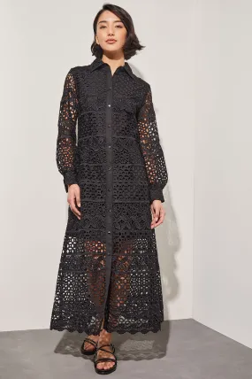 Lace Button Front Maxi Dress - Shirt Collar Woven