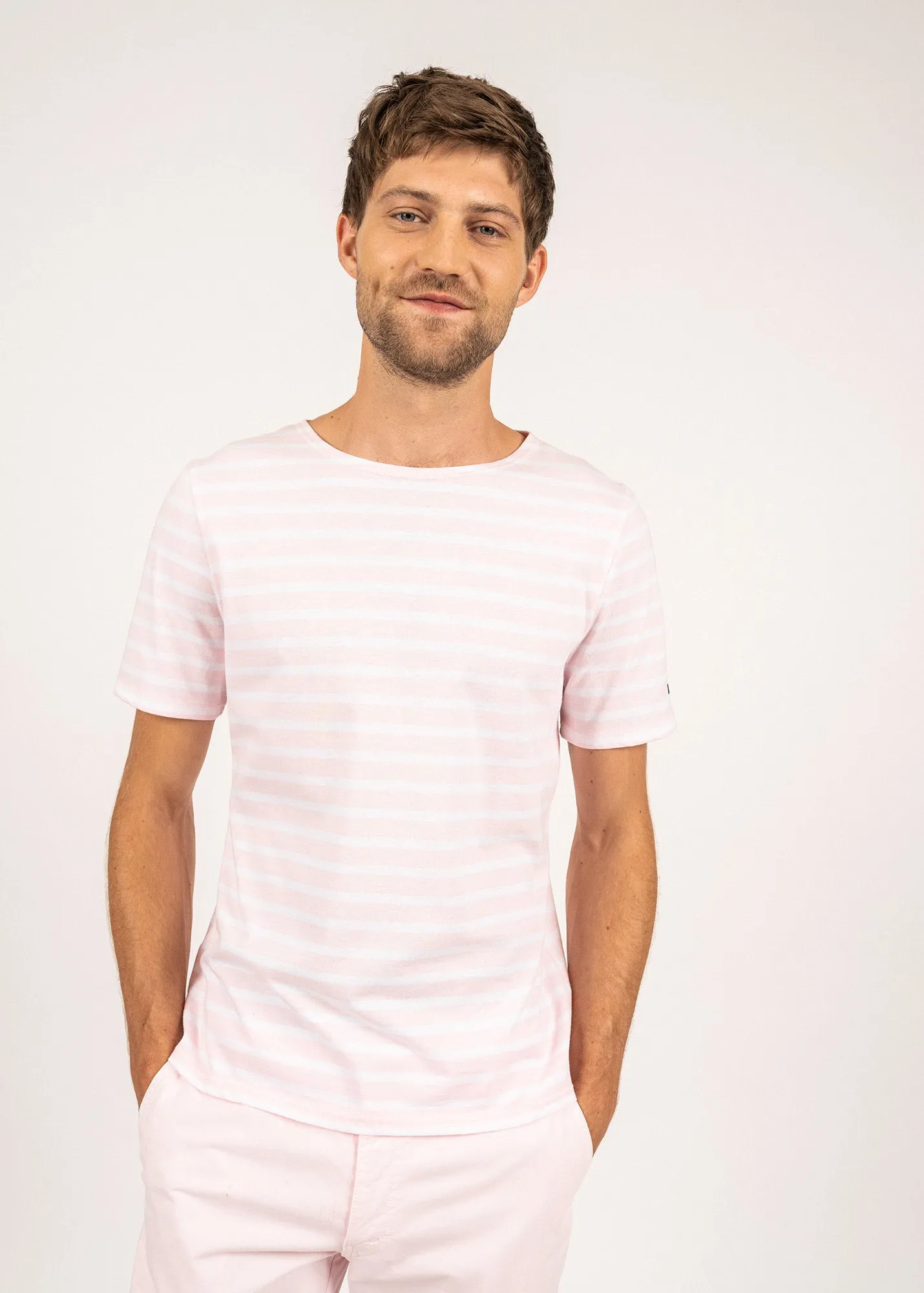 Levant short sleeve striped sailor shirt - regular fit, in light cotton (ROSE DOUX/NEIGE)