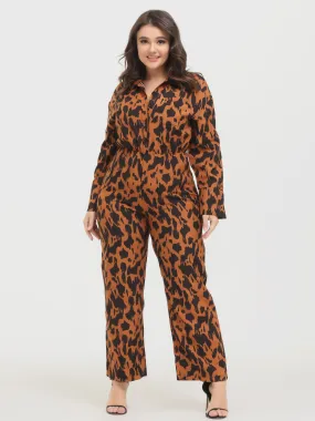 Midsize Fashion Leopard Print Long Sleeve Jumpsuit